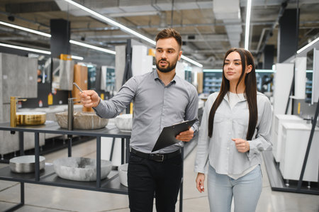 Sales assistant consulting woman about products in a retail store, pointing out options for purchaseの写真素材