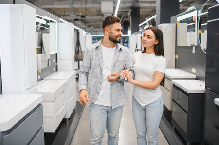 Young couple walking arm in arm, selecting modern bathroom vanities and cabinets at a home improvement store showroomの写真素材