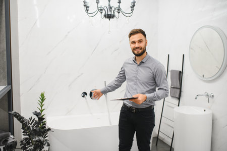 Smiling salesman in bright showroom holds tablet, presenting modern white bathtub and sink in a clean, elegant bathroom displayの写真素材