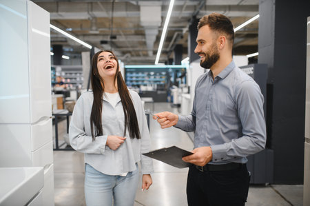 Salesman helping a cheerful female customer new products in a modern hardware and choosing home improvement storeの写真素材
