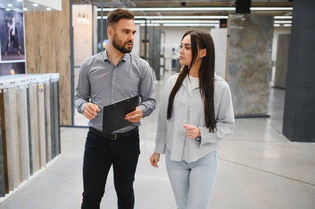 Male salesperson consulting female customer in a tile showroom, discussing options for home renovation or interior designの写真素材