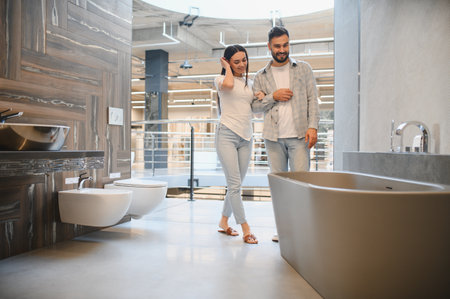 Happy couple walking through a bathroom showroom, inspecting modern bathtubs and plumbing fixtures for home improvementの写真素材