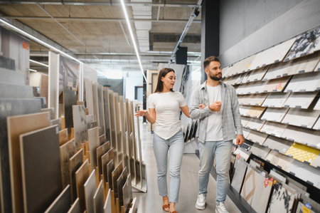 Young couple shopping for flooring, selecting new ceramic tiles for their house interior design project in a hardware storeの写真素材