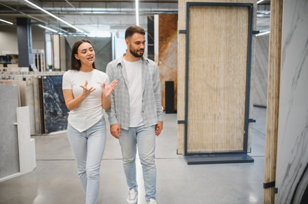 Young couple exploring large format tiles in a showroom, making decisions for their new home improvement projectの写真素材