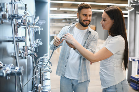 Young couple choosing shower mixer taps and plumbing accessories for home renovation at a hardware storeの写真素材