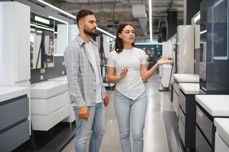 Young couple discussing options for bathroom cabinets and sinks in a modern retail showroom, shopping for home renovationの写真素材