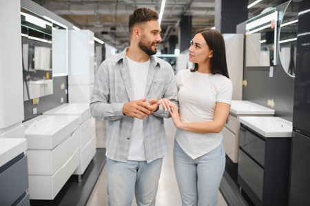 Young couple exploring bathroom vanities and sinks in a showroom, planning home renovation and designの写真素材