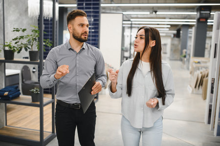 Young man sales assistant helping woman buyer with product choice in construction materials and home improvement retail store showroomの写真素材