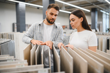 Young couple shopping for new floor tiles in a hardware store, making decisions for their home improvement and house renovationの写真素材