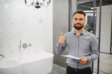 Vendor posing in a modern bathroom showroom, giving a confident thumbs up gesture and holding a clipboardの写真素材