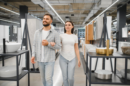 Happy couple walking through a home improvement store, looking at various sinks and bathroom equipment for remodelingの写真素材