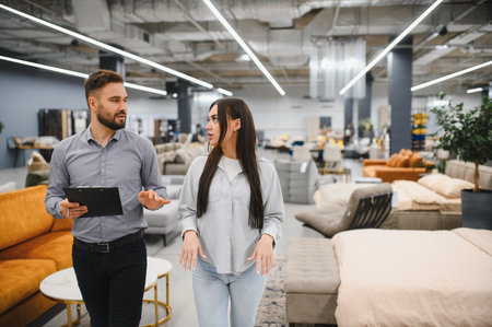 Sales consultant with a clipboard explaining furniture options to a female customer in a modern furniture store showroomの写真素材