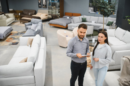Sales consultant showing options to female customer in a modern furniture showroom, shopping for home furnishingsの写真素材
