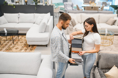 Young couple comparing fabric swatches for sofa upholstery, making home decor decisions in a furniture showroomの写真素材