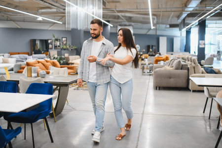 Happy young couple browsing contemporary furniture showroom, smiling as they choose modern pieces for their new home togetherの写真素材