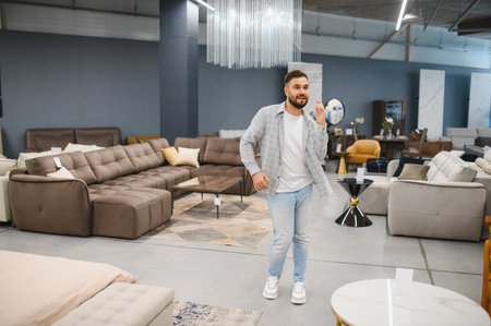 Man walking through a furniture showroom, looking at various couches and interior decorative items for his new apartmentの写真素材