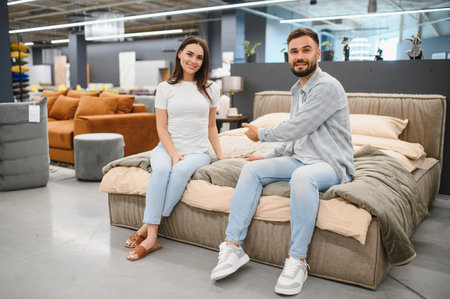 Young couple choosing a new bed for their home, sitting and smiling in a modern furniture store showroomの写真素材