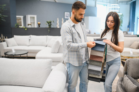 Young couple selecting upholstery material from a color swatch while shopping for furniture in a modern storeの写真素材