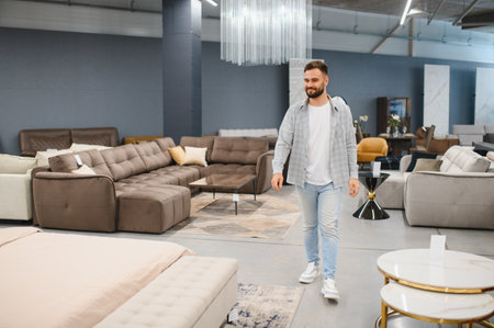 Young man walking through furniture showroom, comparing sofas and home decor while selecting pieces for his apartment living roomの写真素材