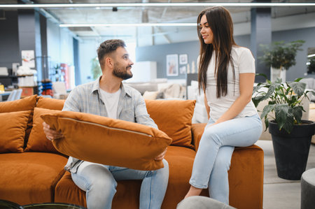 Young couple shopping furniture, man holding cushion, woman sitting on sofa, discussing interior design for their living roomの写真素材