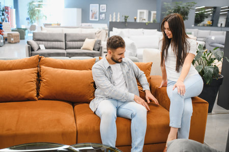 Young couple sits on orange sofa in modern showroom, smiling as they choose furniture and plan their home togetherの写真素材