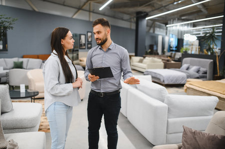 Sales consultant assisting a female customer in a modern furniture store, helping her choose the perfect sofaの写真素材