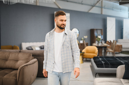 Man looking around a modern furniture store, shopping for new interior design items and home furnishings. Buying a couchの写真素材