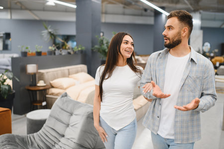 Young couple discussing home decor, choosing furniture for their apartment, walking through a modern furniture store showroomの写真素材