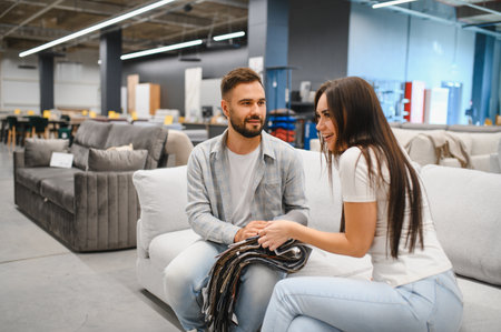 Happy couple sitting on a sofa in a furniture store, discussing and choosing textile swatches for home decorの写真素材