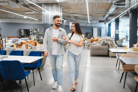 Young couple choosing furniture together in a modern showroom, smiling and planning their future home and interior decor choicesの写真素材