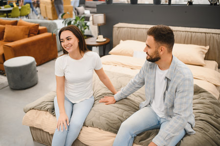 Young couple sitting on a bed in a furniture showroom, smiling and talking, picturing their future home togetherの写真素材