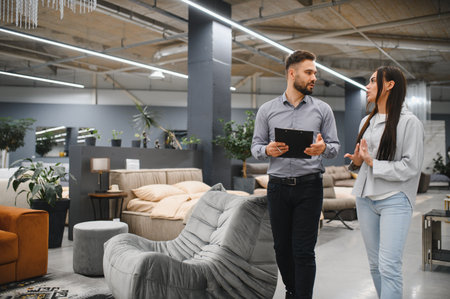Male sales consultant with clipboard discussing furniture options with a female buyer in a modern retail showroomの写真素材