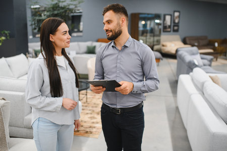 Man and woman discussing new purchases and interior design, standing in a showroom. Professional advice for choosing home decorの写真素材