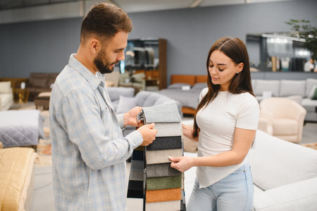 Young couple comparing fabric swatches in a furniture store, deciding on new upholstery for home decorの写真素材