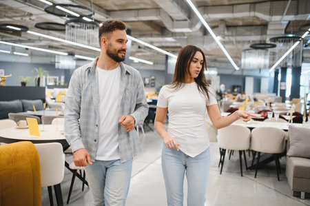 Young couple browsing modern furniture in a bright showroom, smiling and discussing home decor choices for their new apartmentの写真素材