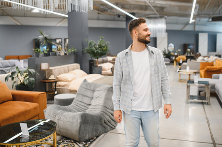 Happy man shopping and selecting new home decor in a modern furniture store, looking around with a smileの写真素材