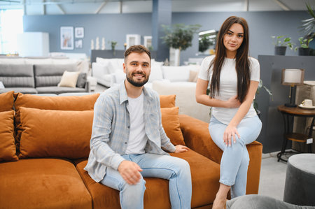 Happy couple considering sofa options in a furniture store, finding inspiration for their home decor and living spaceの写真素材