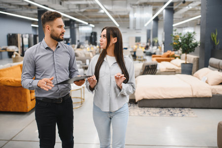 Sales consultant advising a female customer while shopping for new furniture and home decor in a retail showroomの写真素材