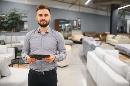 Sales consultant standing in a furniture showroom, smiling and holding a clipboard, ready to assist customersの写真素材