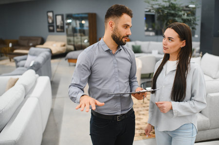 Male sales consultant discussing options with a female buyer, helping her choose new furniture for her homeの写真素材