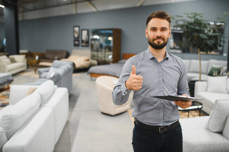 Male sales consultant smiling, holding a clipboard, and giving thumbs up in a modern furniture showroom, showing approvalの写真素材