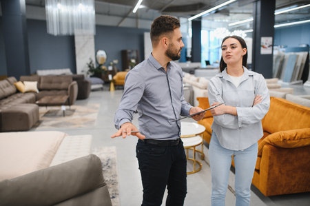 Sales consultant advising a female client on new furniture choices, highlighting customer service in a retail environmentの写真素材