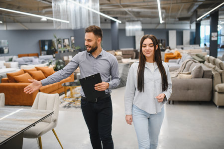 Male sales consultant guiding a female customer through a modern furniture showroom, presenting furniture optionsの写真素材