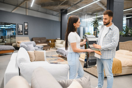 Young couple selecting upholstery fabric swatches for a new sofa in a modern furniture store, making home decor decisionsの写真素材