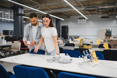 Young couple shopping for home furniture in a modern showroom, selecting a dining table and home decor itemsの写真素材