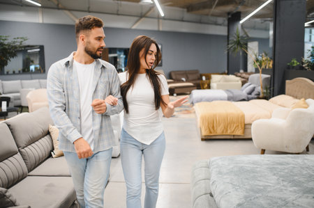Young couple shopping in a modern furniture store, discussing options for their house. Planning home decor and interior designの写真素材