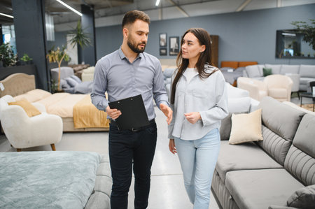 Male sales consultant helping a young woman shop for new furniture, discussing options in a spacious retail showroomの写真素材