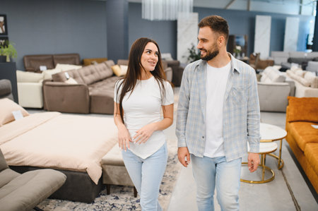 Happy young adult couple walking in a large furniture store, choosing new pieces for their modern houseの写真素材