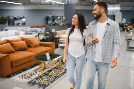 Happy young couple choosing sofa and decor in a modern furniture store, planning interior design for living spaceの写真素材