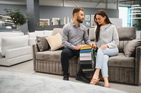 Couple sitting on sofa consulting male salesperson, selecting upholstery fabric samples for new furniture in a showroomの写真素材